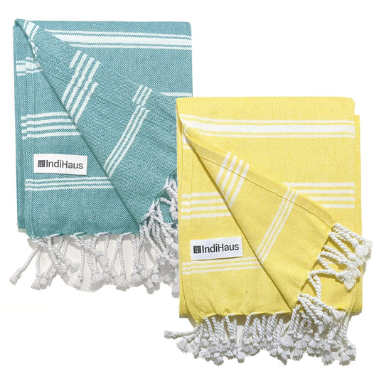 IndiHaus - Premium Large Cotton Towels For Bath (150Cm X 85Cm) | Pack of 2 | Ocean Teal & Sunshine Yellow