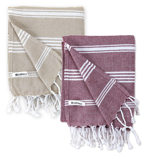 IndiHaus - Premium Large Cotton Towels For Bath (150Cm X 85Cm) | Set Of 2 (250 TC) | Earthy Crimson & Serene Beige