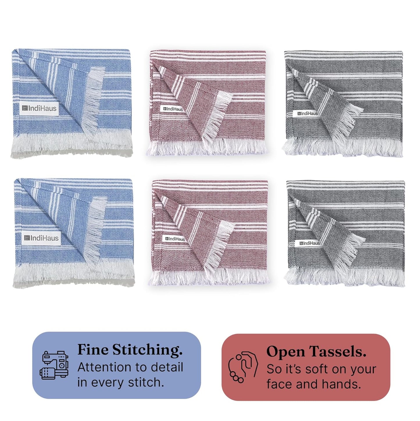 IndiHaus - Premium Cotton Hand Towel Set Of 6 (60Cm X 40Cm) | Soft, Absorbent Napkins For Hand Towel |Multi-Purpose Towel Set - Use As Face Towel Or Hand Towel (6, Blue, Crimson & Grey), 250 TC