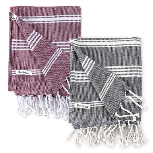 IndiHaus - Premium Large Cotton Towels For Bath (150Cm X 85Cm) | Pack of 2 | Earthy Crimson & Slate Grey